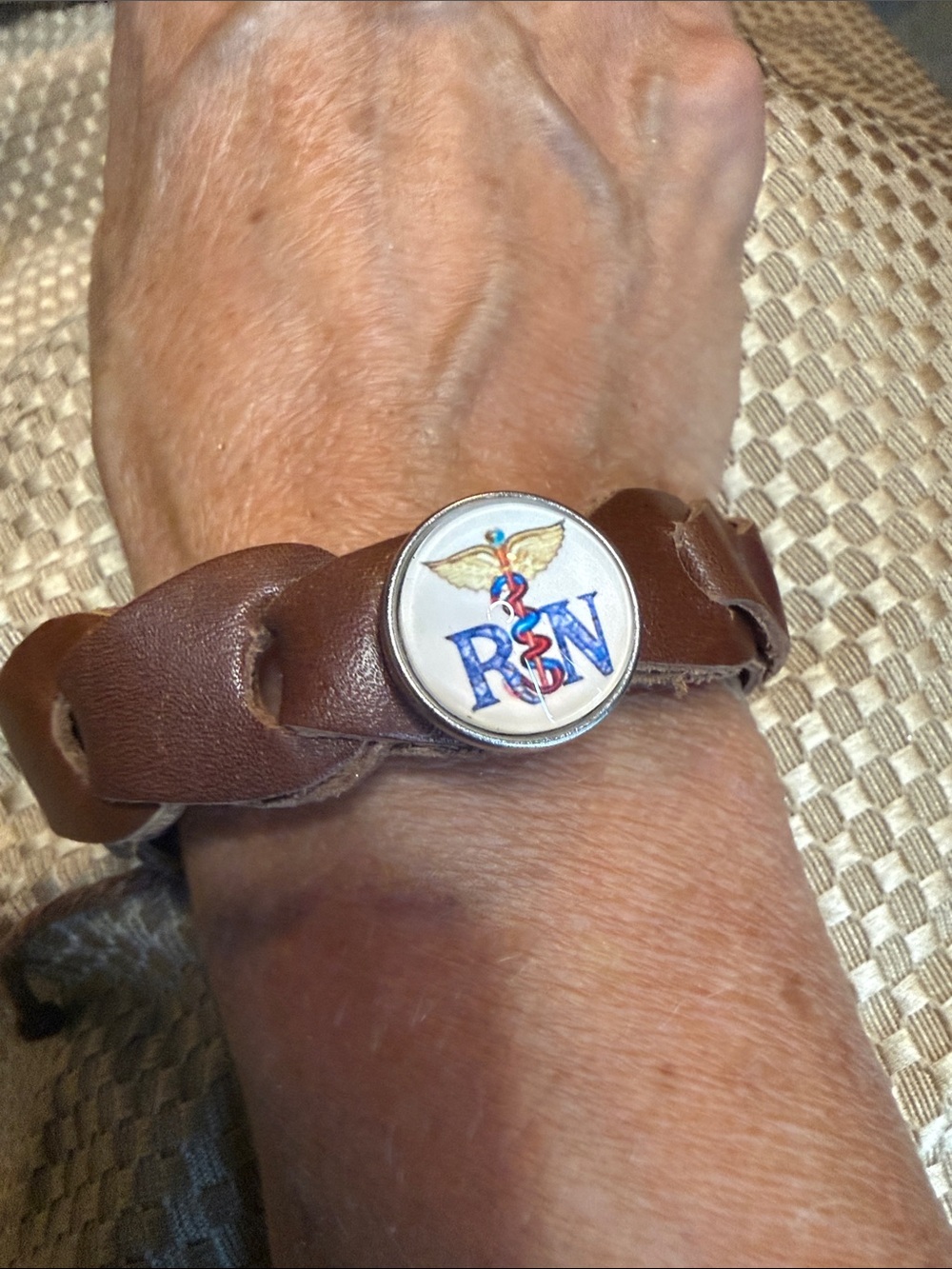 Snap Brown Leather RN snap Bracelet with Blue & Gold Accent